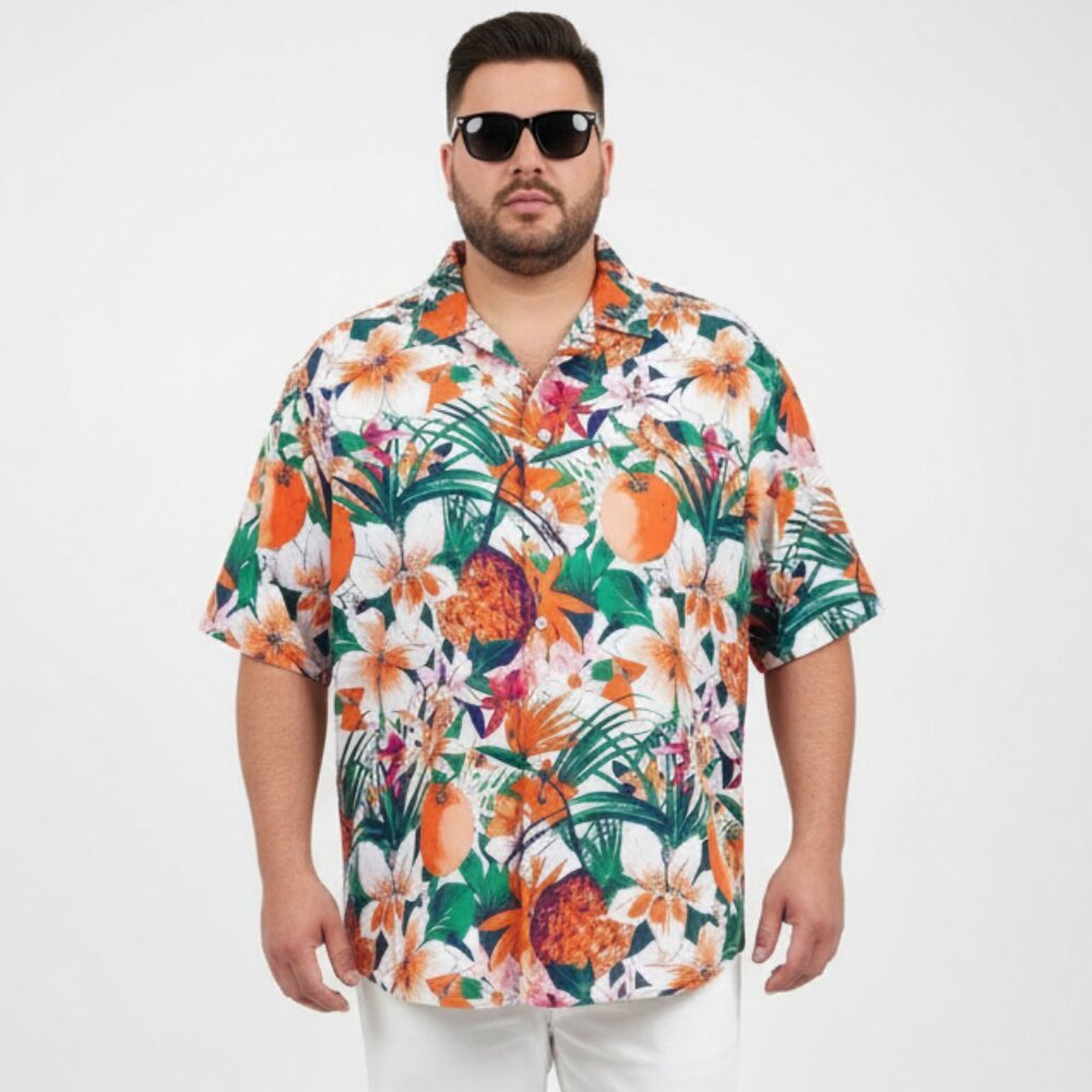 Caribbean Tan Orange & Green Floral Hibiscus Print Short Sleeve Button Up Shirt